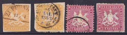 Wurttemburg postal stamps (x4) mixed condition,used.