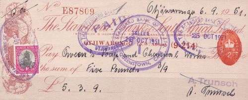 South West Africa1951 cheque embossed plus 1d South Africa used SWA.