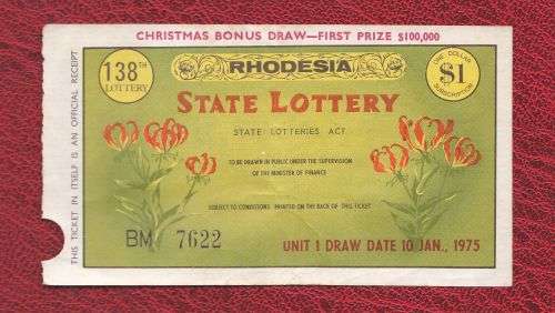 Rhodesia Lottery ticket 1975 January $1.