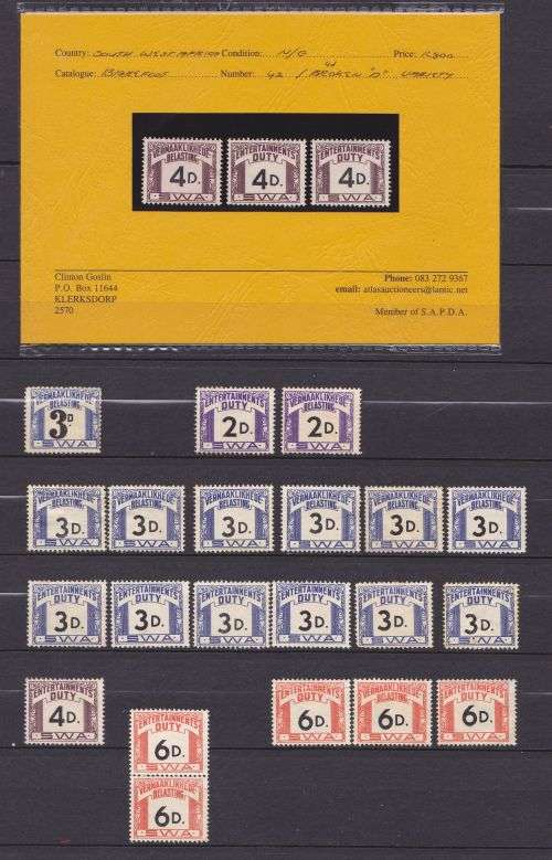 South West Africa Entertainment Tax varieties on lettering, scarce lot.