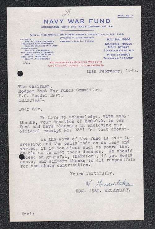 Union Charity Navy War Fund letter 15th February 1945