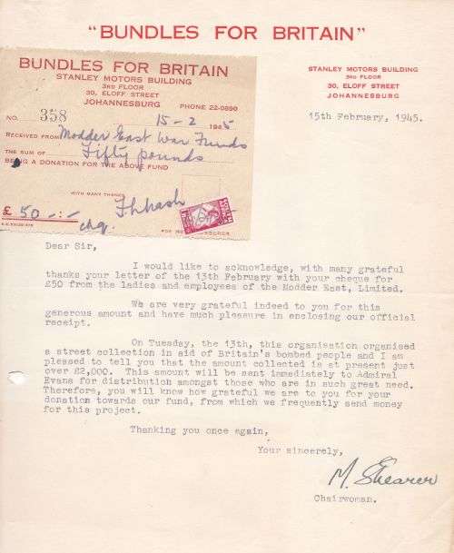 Union Charity Bundles for Britain letter 15th February 1945 with receipt.