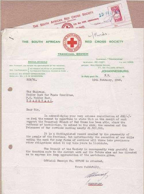 Union Charity Red Cross letter 19th February 1945 with receipt.