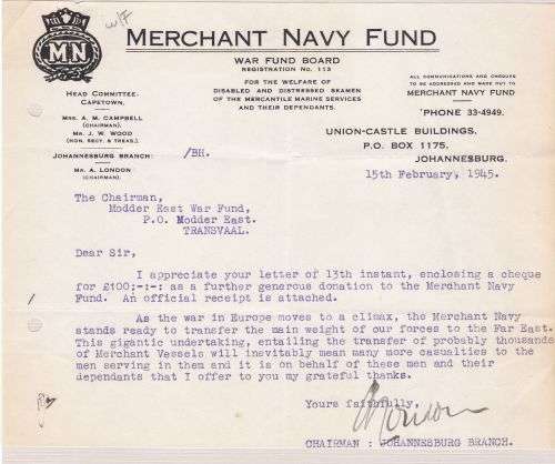 Union Charity Merchant Navy Fund letter 15th August 1945.