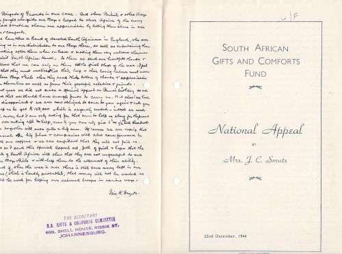 Union Charity National Appeal brochure Mrs Smuts 22nd December 1944.