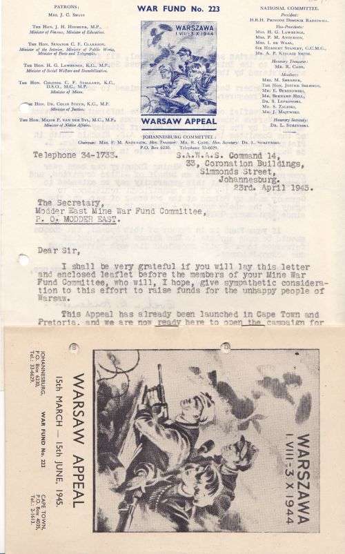 Union Charity Warsaw Appeal letter plus brochure 1945.