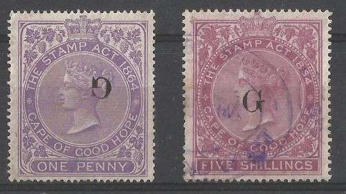 Griqualand revenue stamps 1d and 5s.