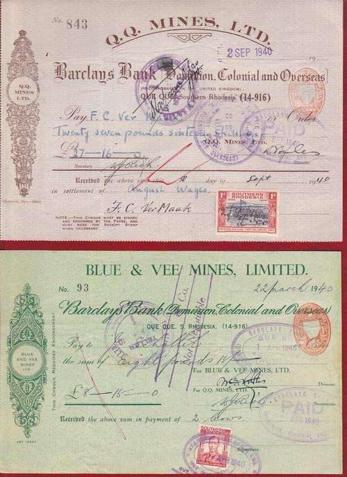 Rhodesia Mine cheques (x2) 1940's.