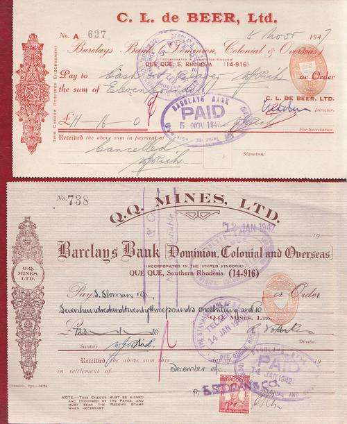 Rhodesia cheques (x2) 1940's.