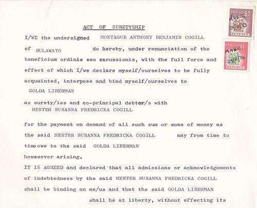 Rhodesia revenue document ACT OF SURETY dated 29 November 1973.