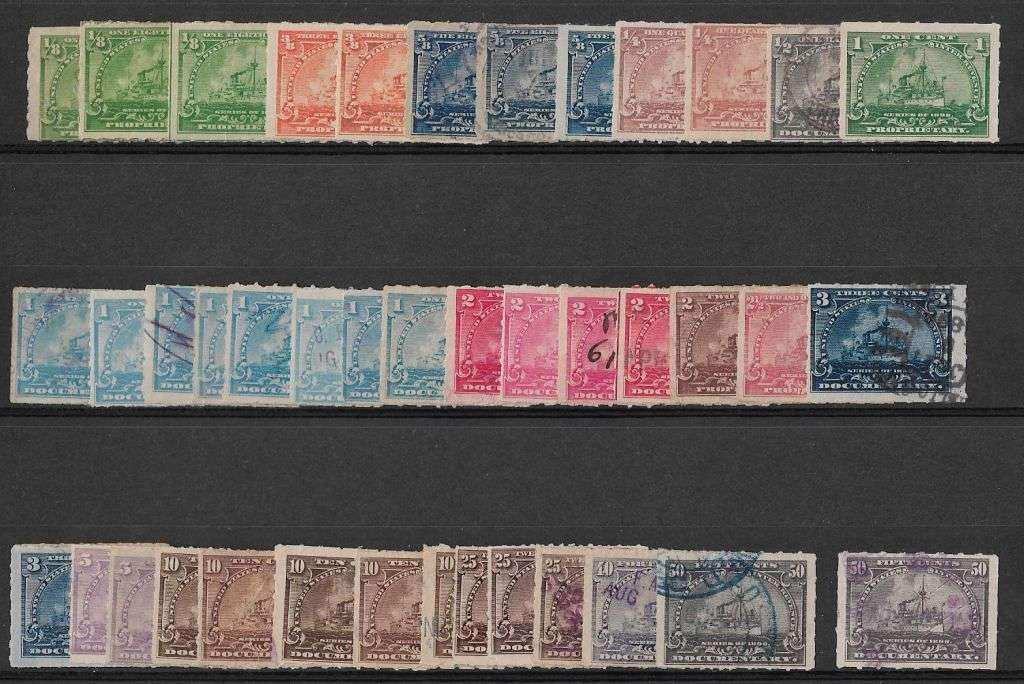 United States of America Battleship revenue stamps on stock card.