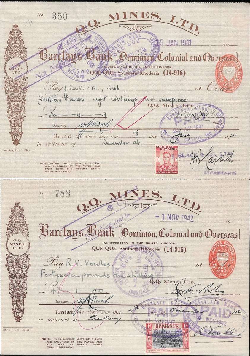 Southern Rhodesia 2x pound George vi period cheques Que Que Gold Mine.