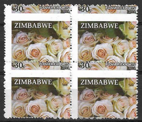 Zimbabwe variety 2014 misperforated 30c block of (x4).
