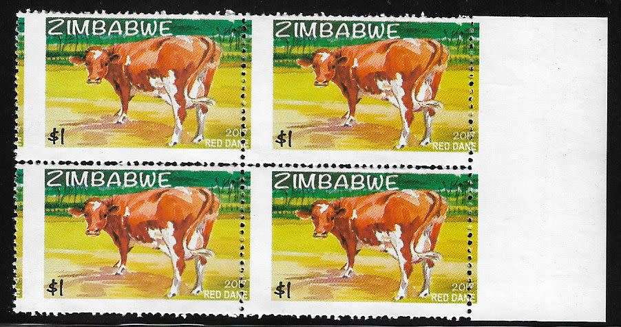 Zimbabwe variety 2017 misperforated $1 block of (x4).