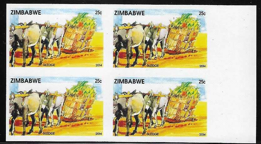 Zimbabwe variety 2014 imperforated 25c block of (x4).