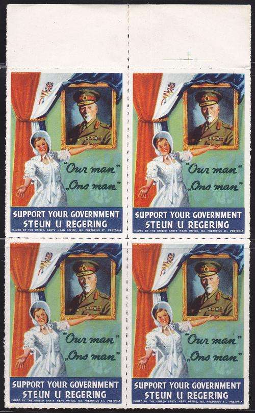 Jan Smuts scarce label 1940s in block of (4).