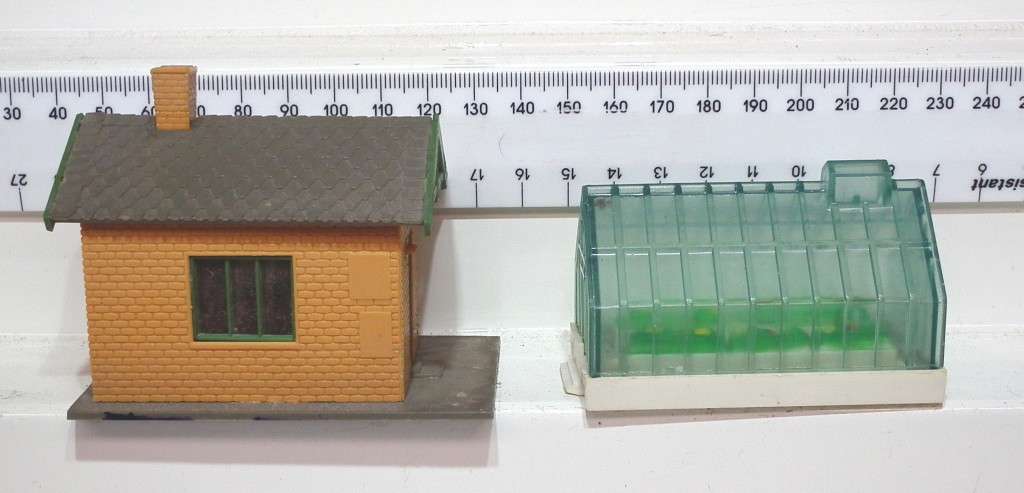 SCENERY HO: Small Detailed Plastic Buildings in Fair Used Condition.