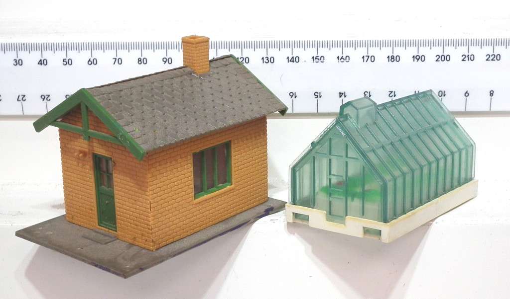 SCENERY HO: Small Detailed Plastic Buildings in Fair Used Condition.
