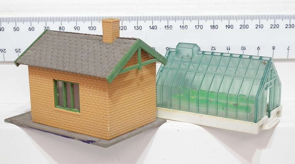 SCENERY HO: Small Detailed Plastic Buildings in Fair Used Condition.
