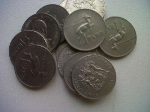 old S.A.     R1 coin with springbok on it