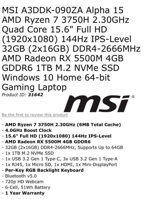 MSI Alpha 15 A3DDK Gaming Laptop