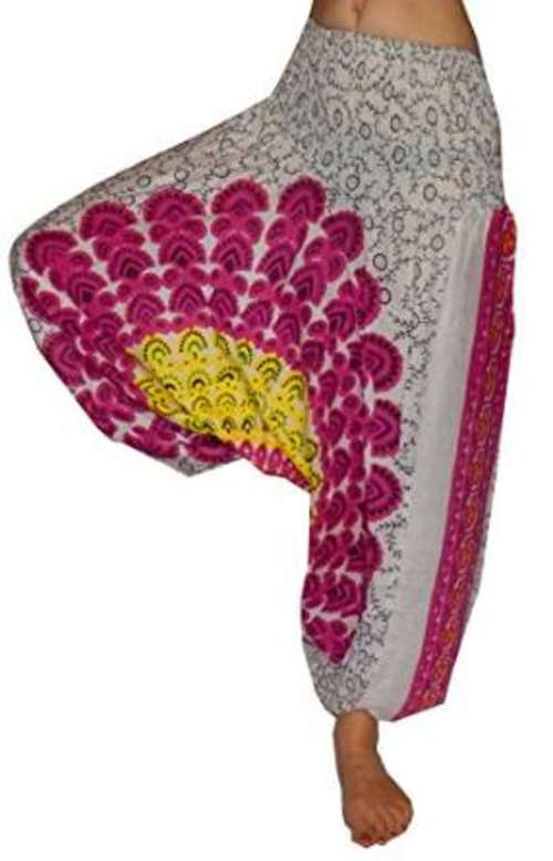 Ladies Baggy Pink and White Mandala Print Aladdin Harem Dress Pants from India
