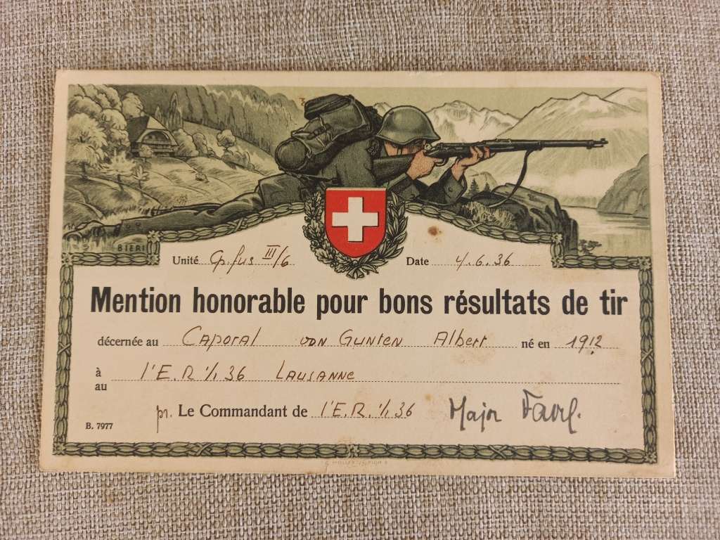 Swiss - honorable mention for good shooting results - certificate in frame