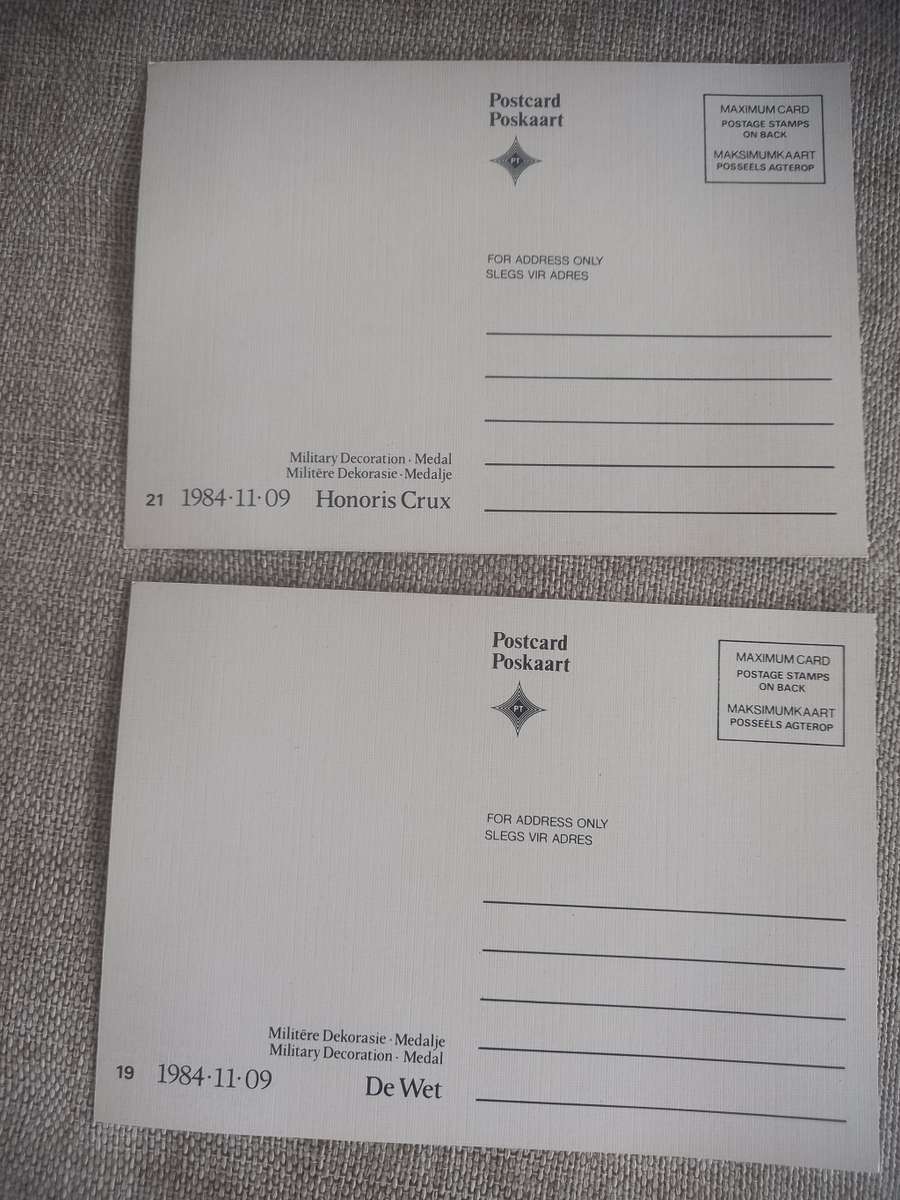 Medal postcards x 4 ( Honoris Crux / Pro Patria / De Wet and John Chard )