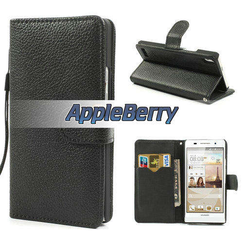 Wallet Stand Case For Huawei Ascend P6 (Black) + FREE SCREEN GUARD