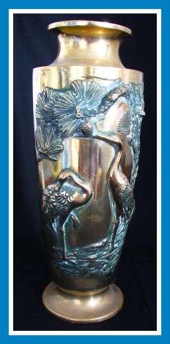 Heavy Brass Vase with Cranes! Lovely Piece!