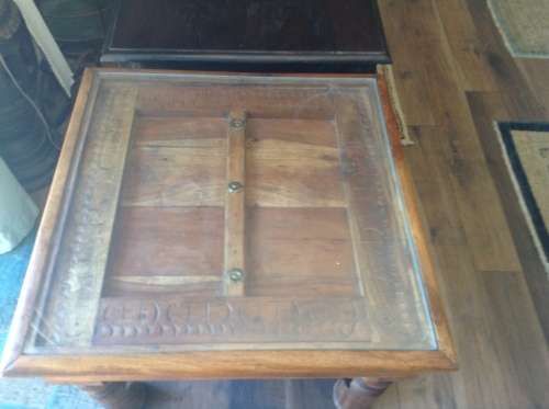 Old Indian door side table with glass insert