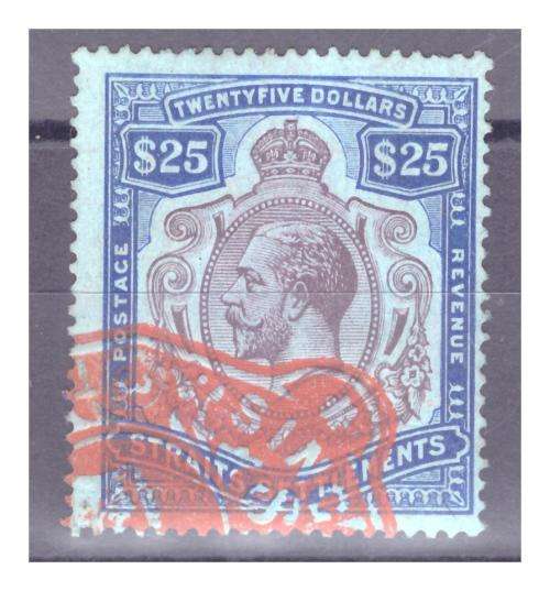 STRAITS SETTLEMENTS KGV $25 FISCAL - CAT R11 000 FOR POSTALLY USED