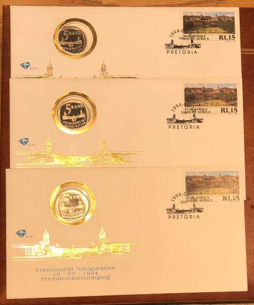3 X MANDELA INAUGURATION FDC 6.3C WITH ISSUED R5 - AS ISSUED BY P.O. NOT TAMPERED WITH