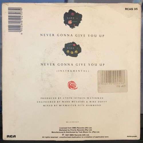 RICK ASTLEY - NEVER GONNA GIVE YOU UP (7 SINGLE 45) SA PRESS 1987 EX