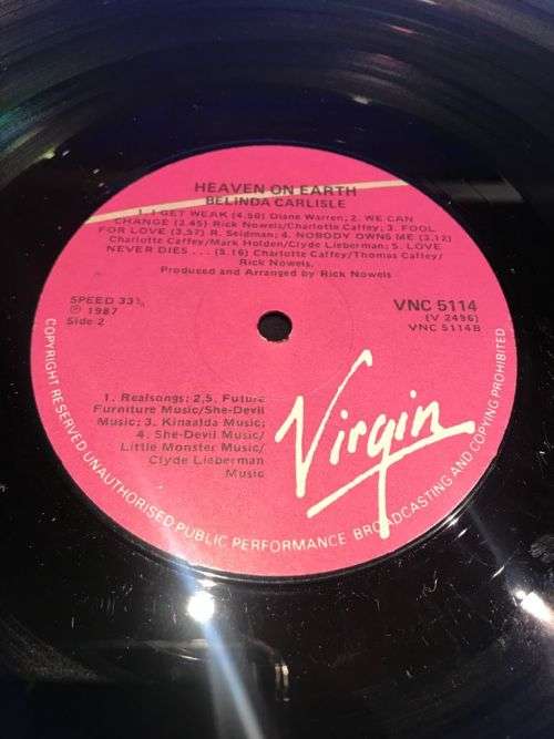 BELINDA CARLISLE - NM COPY - HEAVEN ON EARTH (LP) VIRGIN LABEL SA PRESS