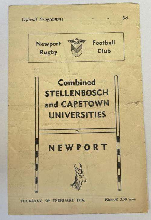 1956 RARE STELLENBOSCH + CAPE TOWN UNI COMBINED vs NEWPORT, WALES played at NEWPORT WALES 9 FEB 1956