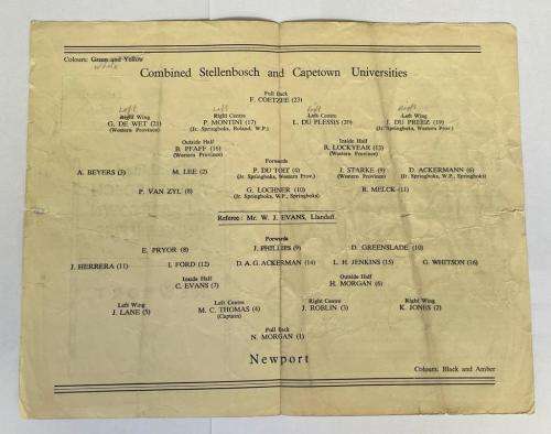 1956 RARE STELLENBOSCH + CAPE TOWN UNI COMBINED vs NEWPORT, WALES played at NEWPORT WALES 9 FEB 1956