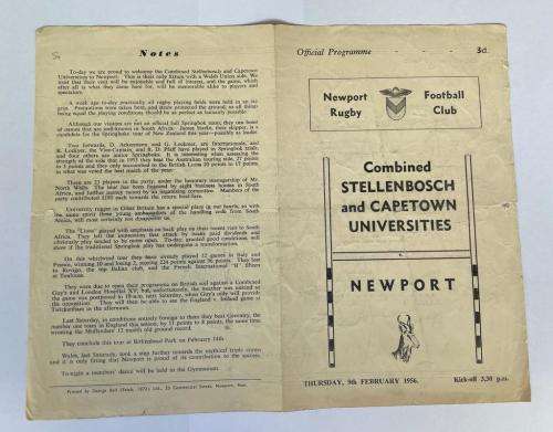 1956 RARE STELLENBOSCH + CAPE TOWN UNI COMBINED vs NEWPORT, WALES played at NEWPORT WALES 9 FEB 1956