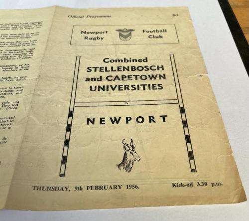 1956 RARE STELLENBOSCH + CAPE TOWN UNI COMBINED vs NEWPORT, WALES played at NEWPORT WALES 9 FEB 1956