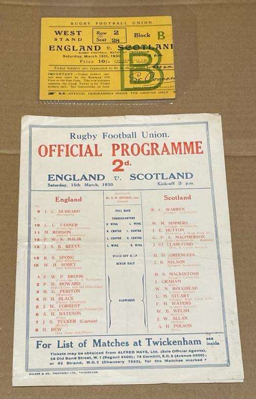 1930 RARE ENGLAND vs SCOTLAND RUGBY PROGRAMME + TICKET 15 MAR 1930 TWICKENHAM, LONDON