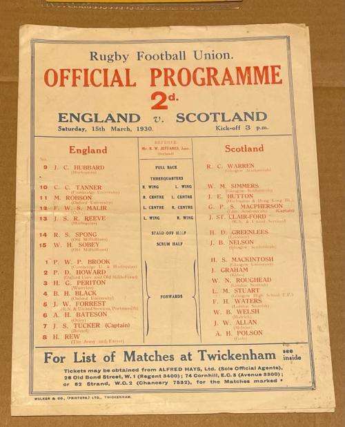 1930 RARE ENGLAND vs SCOTLAND RUGBY PROGRAMME + TICKET 15 MAR 1930 TWICKENHAM, LONDON