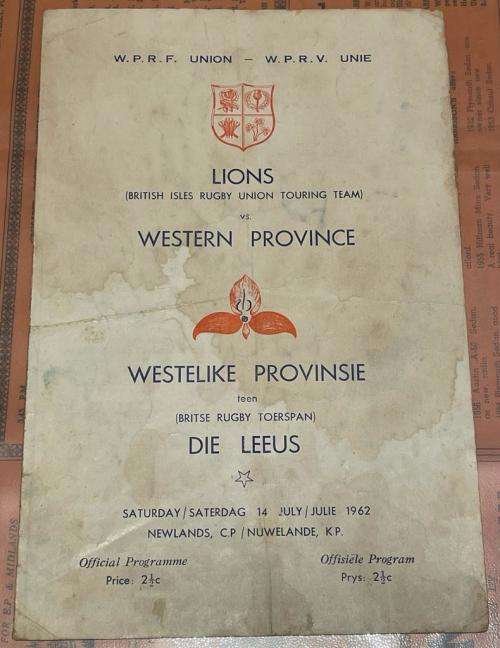 1962 RARE WESTERN PROVINCE vs BRITISH LIONS RUGBY PROGRAMME 14 JULY 1962