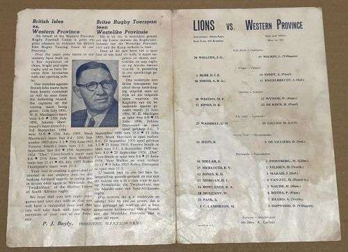 1962 RARE WESTERN PROVINCE vs BRITISH LIONS RUGBY PROGRAMME 14 JULY 1962