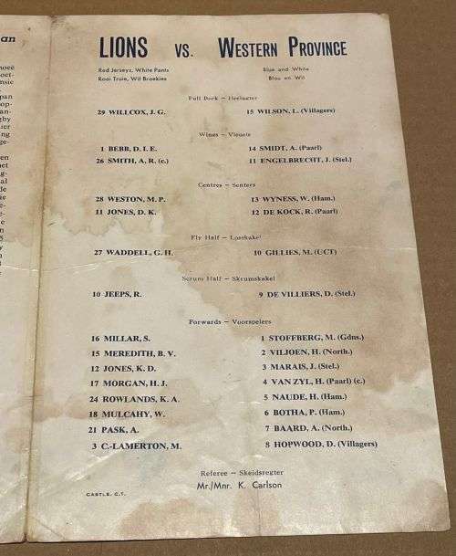 1962 RARE WESTERN PROVINCE vs BRITISH LIONS RUGBY PROGRAMME 14 JULY 1962