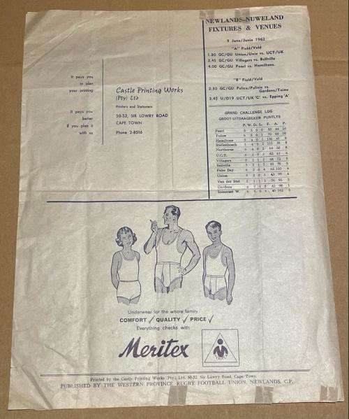 1962 RARE SOUTHERN UNIVERSITIES vs BRITISH LIONS RUGBY PROGRAMME 6 JUNE 1962