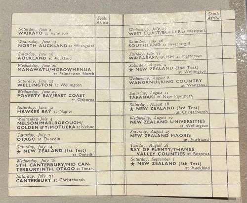 1956 SPRINGBOK TOUR OF NEW ZEALAND - SHELL RUGBY SCORECARD / ITINERARY