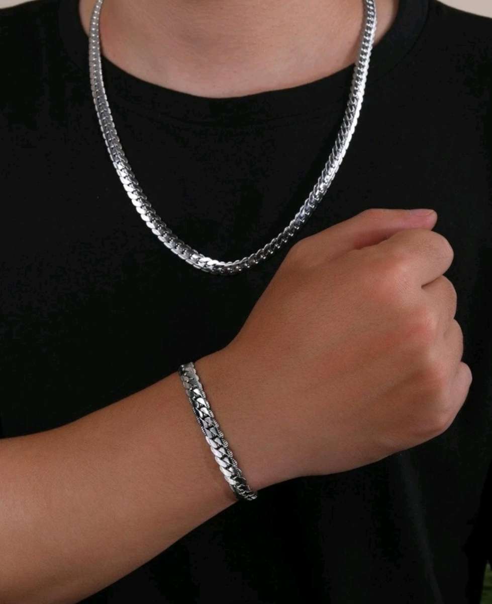 1set Men`s Fashionable Hip Hop Simple Chain Bracelet And Necklace Stainless Steel Jewelry Set