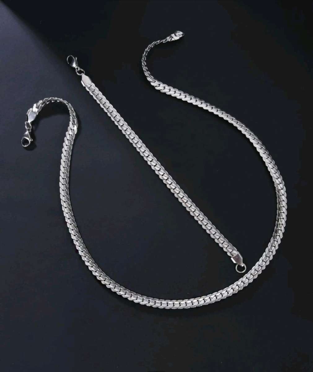 1set Men`s Fashionable Hip Hop Simple Chain Bracelet And Necklace Stainless Steel Jewelry Set