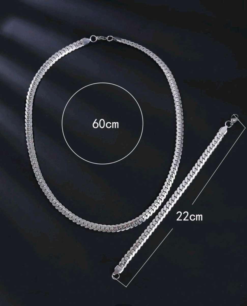 1set Men`s Fashionable Hip Hop Simple Chain Bracelet And Necklace Stainless Steel Jewelry Set