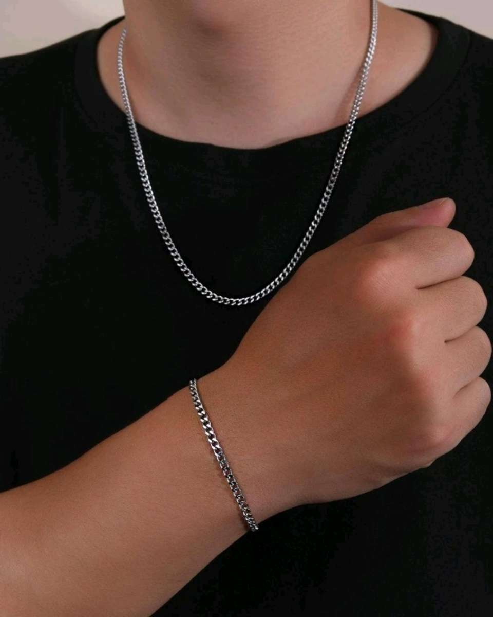 1set Men`s Fashionable Hip Hop Simple Chain Bracelet And Necklace Stainless Steel Jewelry Set